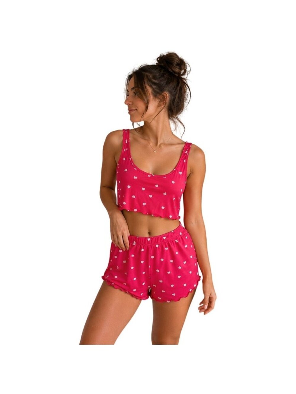Pink Lily Heart Print Pajama Set Crop Tank High Waist Shorts Size M Coquette